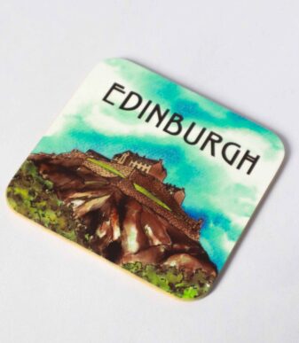 Handprinted Scottish coaster featuring a colourful watercolor painting of Edinburgh Castle, perfect for adding a wee bit of Scottish flair to your table. Illustrated and designed by Aff Yer Rocket.