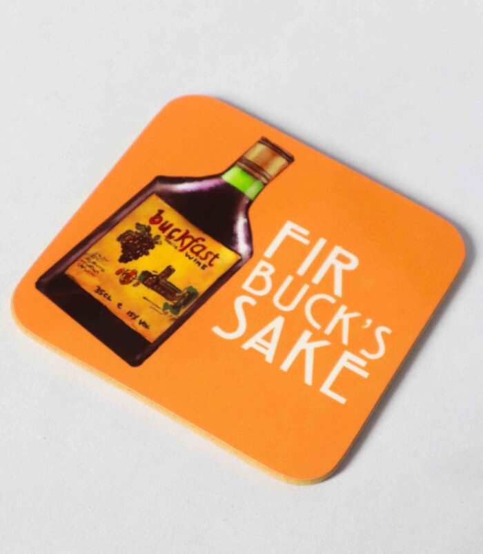 AFF YER ROCKET FIR BUCKS SAKE BUCKFAST SCOTTISH COASTER Handprinted Scottish coaster featuring an illustration of a buckfast tonic wine bottle with the words 'Fir Bucks Sake' next to it, perfect for adding a wee bit of Scottish flair to your table. Illustrated and designed by Aff Yer Rocket.