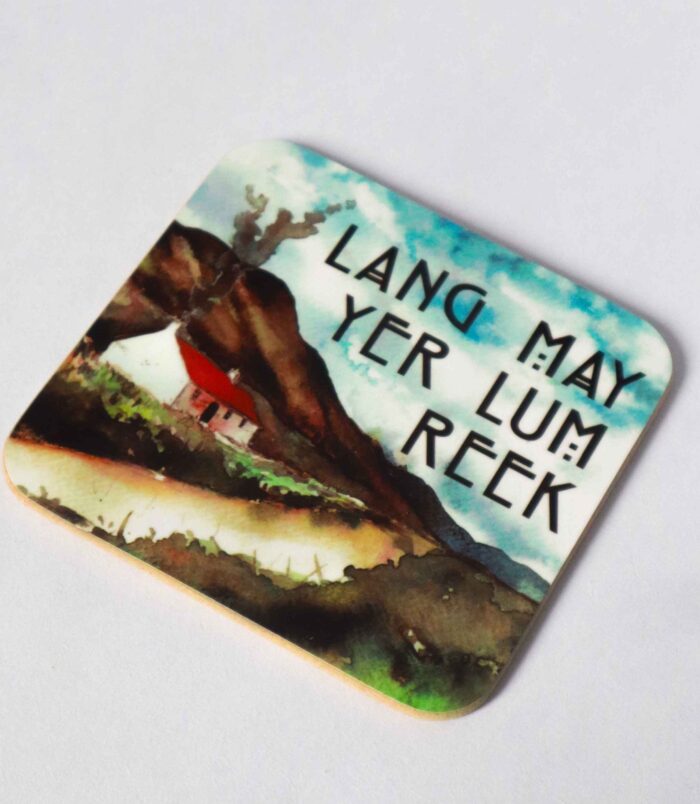AFF YER ROCKET LANG MAY YER LUM REEK NEW HOUSE SCOTTISH COASTER Handprinted Scottish coaster featuring a colourful watercolour painting of a Scottish bothy with the words 'Lang May Yer Lum Reek' in the sky. Perfect as a Scottish housewarming or New House Gift. Illustrated and designed by Aff Yer Rocket.