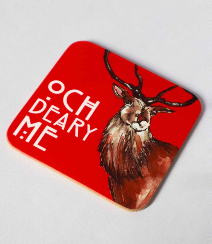 AFF YER ROCKET OCH DEARY ME SCOTTISH COASTER A Scottish coaster with a watercolour illustration of a Scottish Stag with the words 'oh deary me' next to him on a red background. This makes a perfect Scottish gift for those who enjoy Scottish humour. Designed and Illustrated by Aff Yer Rocket.