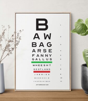 Funny Scottish Eye Test Art Print by Aff Yer Rocket. This product includes Scottish words like Bawbag, Arse, Fanny, Gallus, Jobbies, Bahookie and more in the style of an eye test. Visit Aff Yer Rocket for the best Scottish Gifts and Glasgow Gifts.