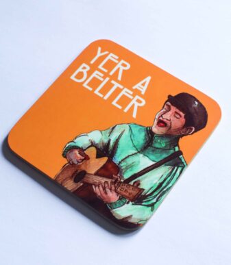 A vibrant watercolour illustration of Gerry Cinnamon , a Glasgow musician famous for his 'Shes a Belter' song. The words 'Yer a Belter' are next to him so this Scottish coaster makes a great gift.