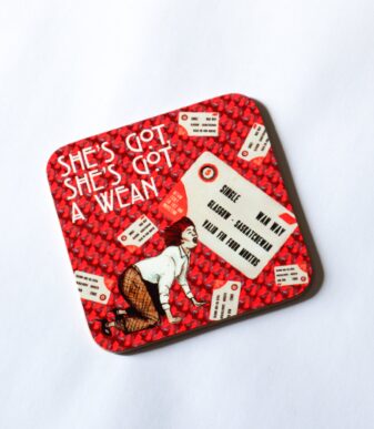 A funny Scottish coaster of Chappell Roan and Glasgow Subway tickets around her with 'Shes got a wean' in text. This is a misheard lyric in her song 'The Subway' where it sounds like she is speaking about Scottish weans. Illustrated and designed by Aff Yer Rocket. Check us out for Scottish gifts!
