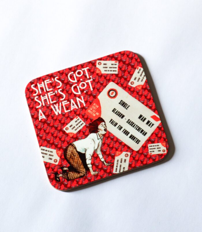 A funny Scottish coaster of Chappell Roan and Glasgow Subway tickets around her with 'Shes got a wean' in text. This is a misheard lyric in her song 'The Subway' where it sounds like she is speaking about Scottish weans. Illustrated and designed by Aff Yer Rocket. Check us out for Scottish gifts!